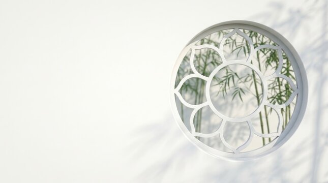Round Window with Bamboo Reflection on White Wall