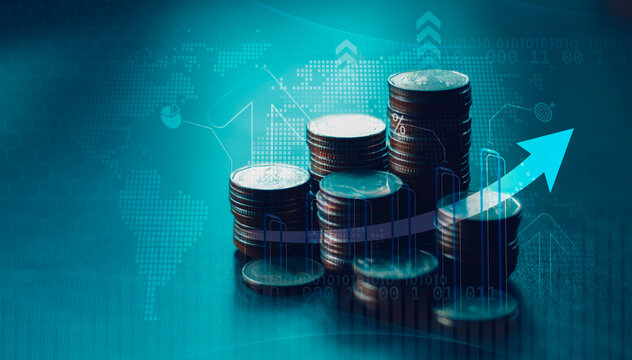 Stacked coins, digital financial chart strategy, investment growth, wealth management. Economic analytics, profit increase, savings planning, global market performance. Business background