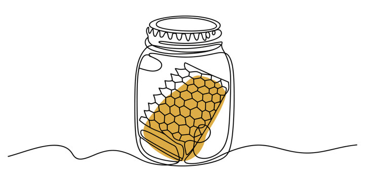 Continuous one line drawing of a honey jar with honeycomb pattern