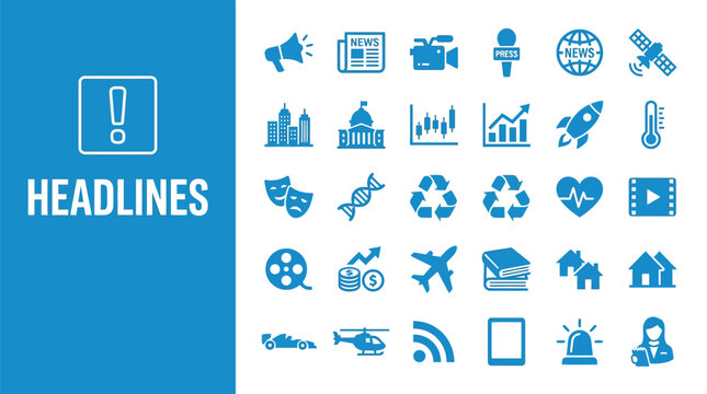 Set of blue news icons displayed on a flat digital background