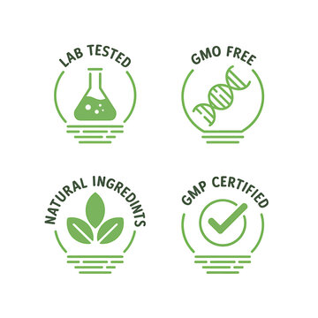 Green icons for lab tested GMO free natural ingredients GMP certified products