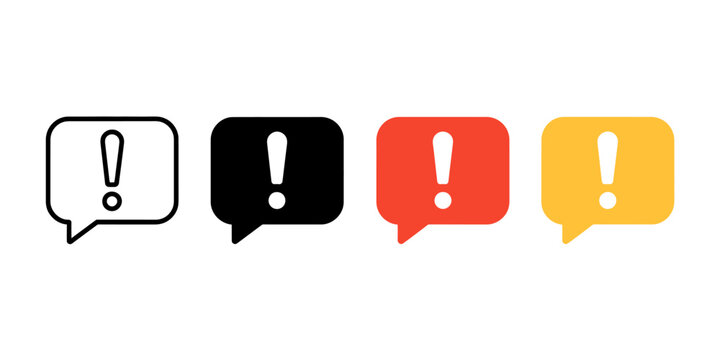 Four colored exclamation mark speech bubbles icons in row on white background