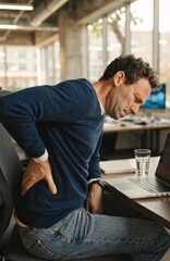 Obraz premium Caucasian man suffering from lower back pain while seated at office desk ergonomics and health awareness modern workspace close-up perspective