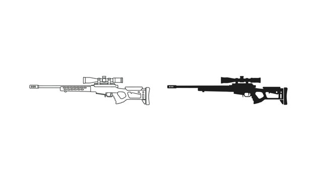 Long range sniper rifle icon with scope in outline and solid black vector styles for tactical and gaming graphics