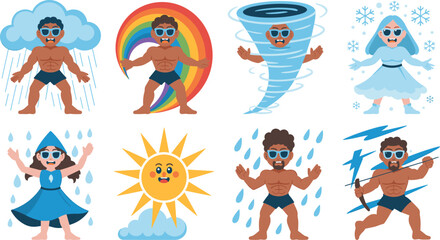 Fototapeta premium Set of powerful weather themed characters representing natural elements with funny faces