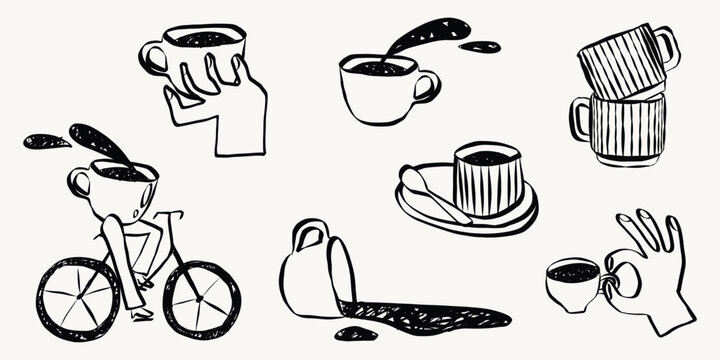 Quirky cafe doodles featuring coffee cups, latte and espresso. Hand-sketched breakfast beverage icons in retro style perfect for menu design projects. Grunge textured Vector Illustration