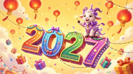 Fototapeta premium Cute cartoon white goat sitting on giant colorful volumetric numbers 2027 holding sparkler against yellow sky filled with floating red chinese lanterns and gifts, magical lunar new year celebration