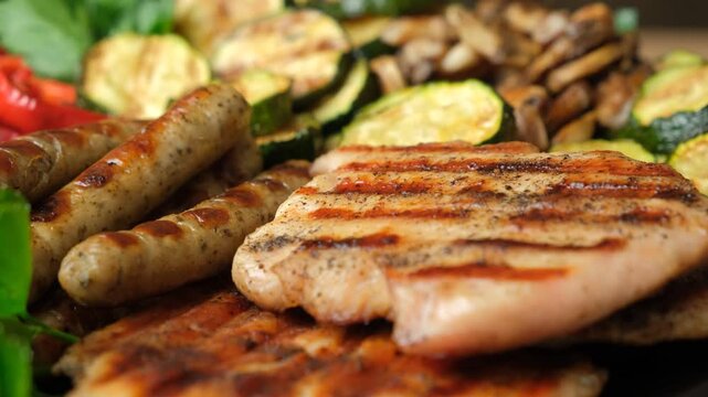 Healthy BBQ platter with vegetable, sausages and meat