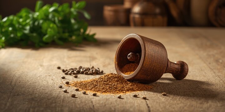Cumin Powder Spilled from Grinder Rustic Wooden Table, Natural Light, Culinary Focus