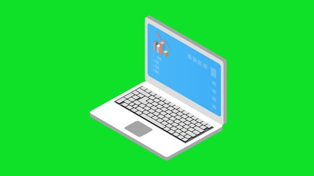 3D Isometric Laptop with Data Chart 4K stock animation video on a green screen background for chroma key video editing.