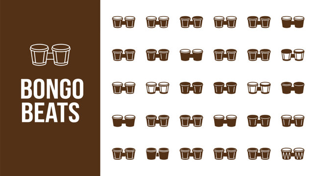 Many different styles of bongo drum icons arranged in a grid pattern for graphic design use