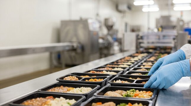 Rows of prepared meals in black containers moving along a conveyor belt in a food production facility
