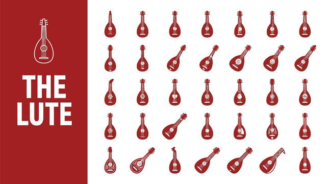 A collection of various lute musical instrument icons arranged neatly in a structured grid pattern display