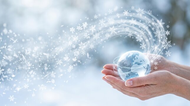 Two hands cupping a crystal glass globe with a magical wave of snowflakes swirling against blurred snowy winter background, global climate preservation and winter magic holiday atmosphere