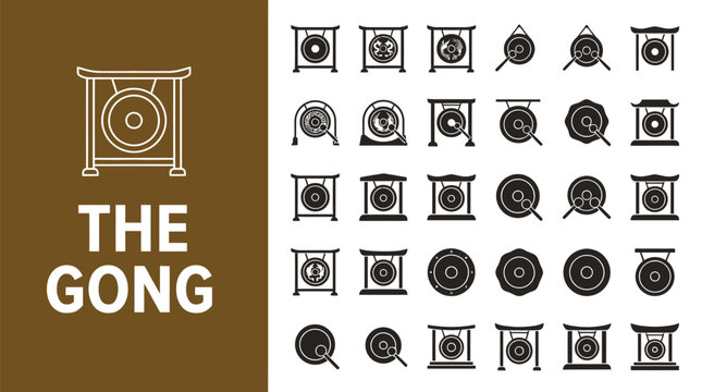 Collection of traditional gong instrument icons displayed in a clean and minimal graphic design style