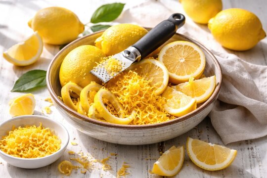 Yellow lemons, zester utensil, and peel bits arranged in a bowl set on a white wooden tabletop