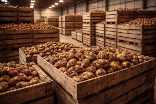 Harvested potatoes stored in multiple vegetable crates stacked within a produce warehouse