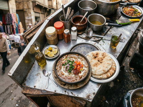 Ful medames street food cart with fava bean stew and flatbread