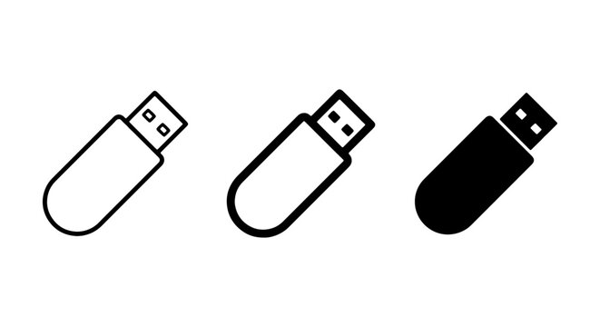 USB Drive Icons, Flash Memory Storage, Digital Data Transfer, Vector Graphic Set