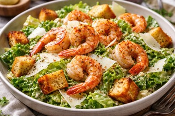 Fototapeta premium Tasty shrimp Caesar salad served with garlic croutons and shaved cheese