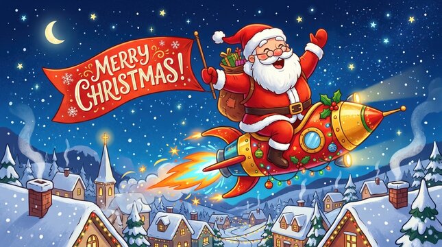 Happy cartoon santa claus flying on a festive rocket spaceship holding merry christmas banner over snowy winter village at starry night sky background, concept of modern futuristic holiday delivery