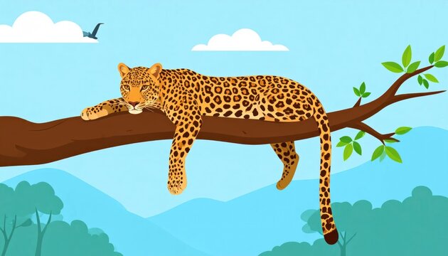 Spotted Leopard Resting on Tree Branch in Tropical Forest Illustration