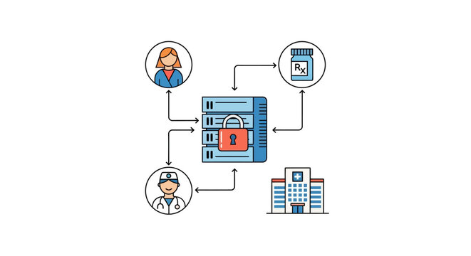 Secure Healthcare Data Management Network with Patient, Doctor, Hospital, and Pharmacy Icons - Flat Illustration for Medical Cybersecurity and Electronic Health Records