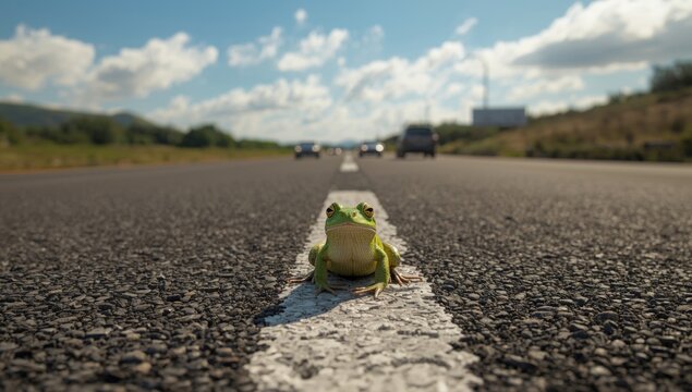 An amphibian on road pavement facing oncoming traffic on a clear day