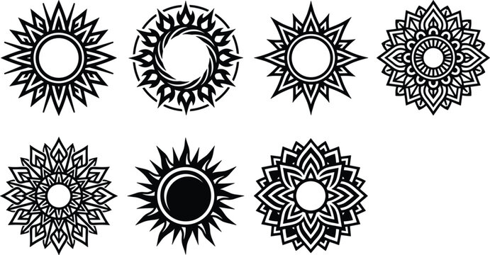 Decorative black sunburst and mandala ornament collection featuring geometric floral symbols, tribal circular patterns and bohemian vector design elements