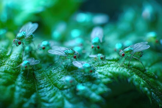 Tiny green flies gathered on wet leaf surface macro