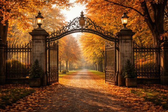 Antique gates welcoming visitors to a park during autumn