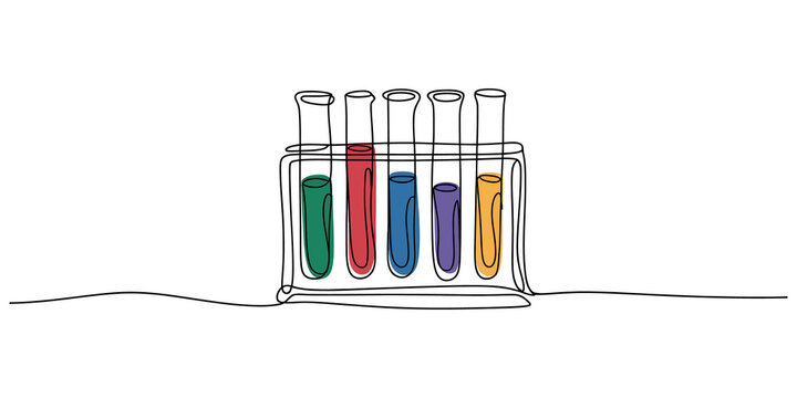Continuous line drawing of four laboratory glass beakers and test tubes