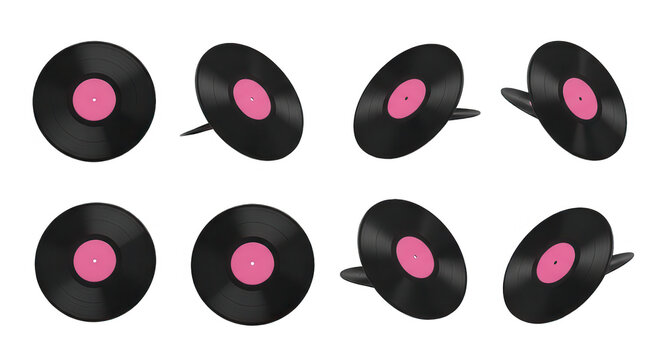 collection of eight black vinyl records with pink labels set against a white backdrop music related projects