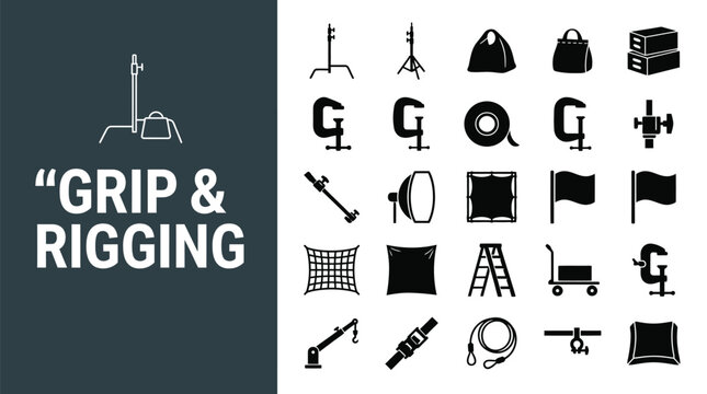 Collection of professional film set grip and lighting equipment icons