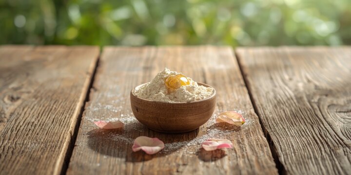 Rice Flour Face Pack with Honey and Rose Water Wooden Countertop, Natural Light, Soft Focus