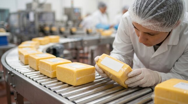 Food factory worker in uniform inspecting wrapped cheese blocks on a conveyor belt