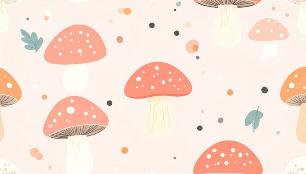 Whimsical Red Mushroom Pattern Arranged on Soft Pastel Background