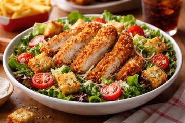 Fototapeta premium Crispy breaded chicken salad with garlic herb croutons cherry tomatoes lettuce and cheese on a fast food table