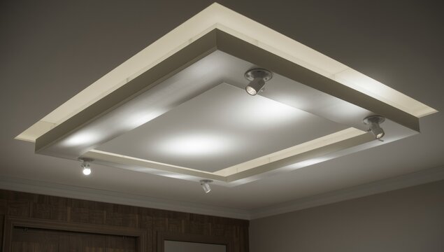 A residential room characterized by a layered white suspended ceiling, strategic halogen spotlights, and drywall walls