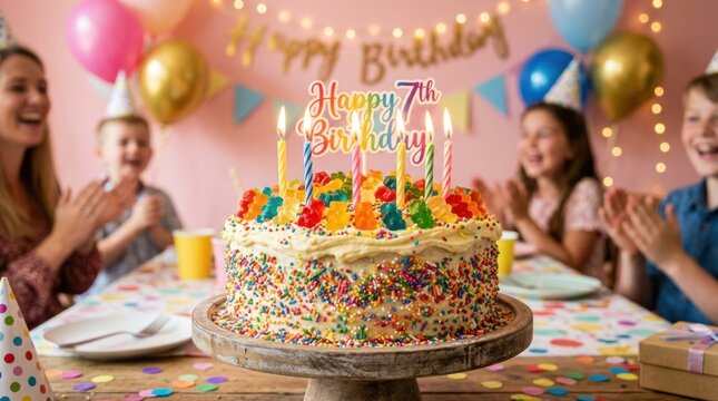 A joyful family celebrates a child's 7th birthday.