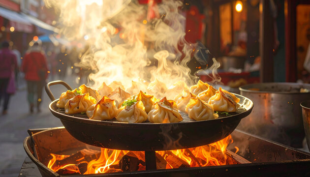 Steaming dumplings cooking over fire