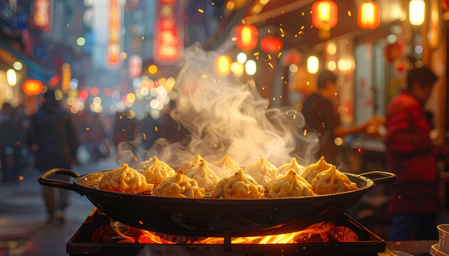 Steaming hot dumplings street market