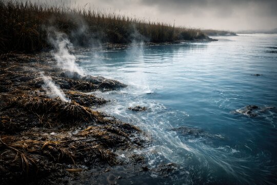 Salt marsh water contaminated by hydrogen sulfide gas turning blue and killing algae with copy space for design