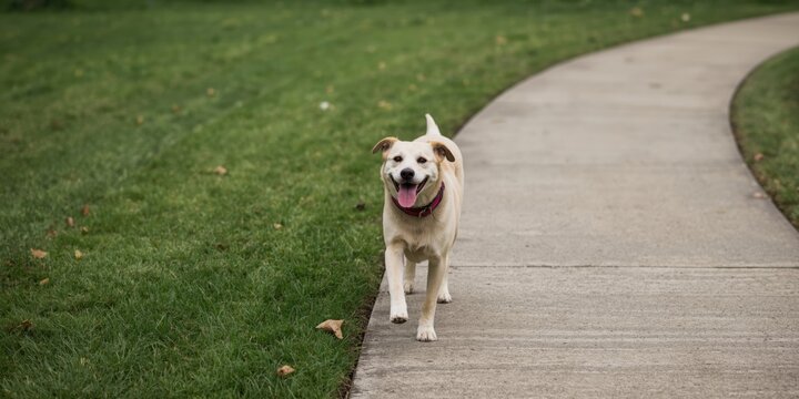 Cheerful pet trotting on soft green grass near a clean concrete walkway