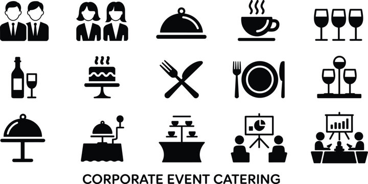 Vector illustration of corporate event catering icon set featuring business dinner banquet food service buffet conference black glyph silhouettes