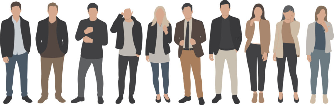 Vector illustration of diverse group of professional people standing together in smart casual business attire flat faceless character design