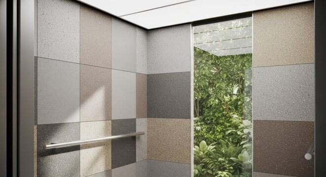 Textured recycled plastic panels with subtle flecks in a modern interior space next to greenery