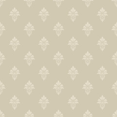 Minimalist beige seamless pattern background featuring classic damask fleur de lis motifs for modern interior wallpaper and branding. © PPS Inspire Art