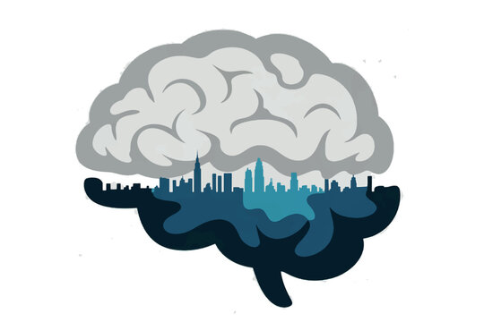 Set of four conceptual vector illustrations featuring a cat on a wall brain city silhouette UK map and binary code road Vector Art