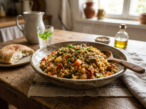 Savory palestinian maftoul couscous dish with vegetables in a bowl